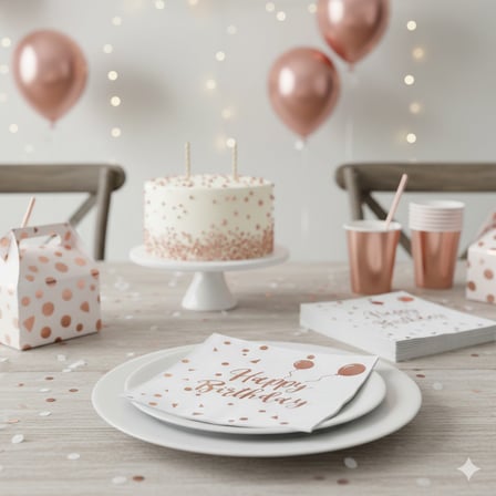 Varaklı Happy Birthday Yazılı Peçete - Beyaz Zemin Rose Gold Baskı