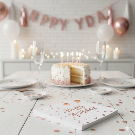 Varaklı Happy Birthday Yazılı Peçete - Beyaz Zemin Rose Gold Baskı