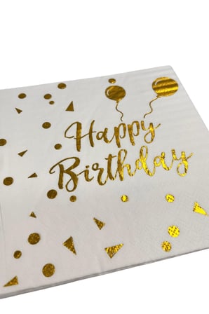 Peçete Varaklı Happy Birthday yazı beyaz üstü gold