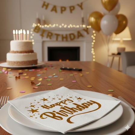 Varaklı Happy Birthday Yazılı Peçete - Beyaz Zemin Yıldız Desenli