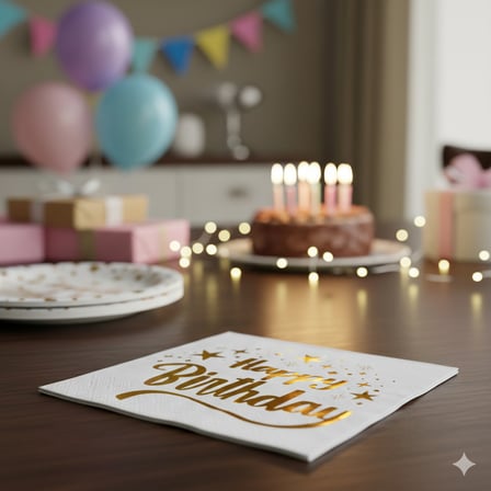 Varaklı Happy Birthday Yazılı Peçete - Beyaz Zemin Yıldız Desenli