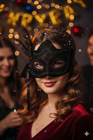 Yılbaşı Maske Plastik Tüllü Tüylü Çiçekli Lüks Model