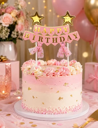 Pasta Üstü Çubuklu Happy Birthday Yıldızlı Tüllü Pembe Süs Doğum Günü Parti Dekoru