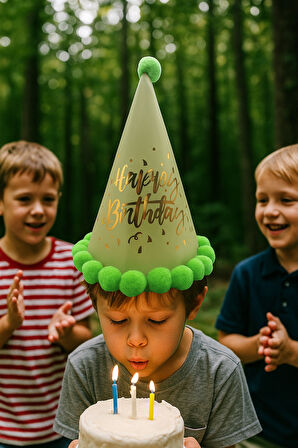 35 cm Baş Çevresi – 25 cm Fıstık Yeşili Varaklı Ponponlu Happy Birthday Doğum Günü Şapkası