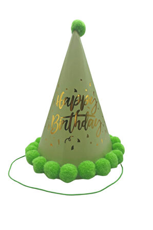 35 cm Baş Çevresi – 25 cm Fıstık Yeşili Varaklı Ponponlu Happy Birthday Doğum Günü Şapkası