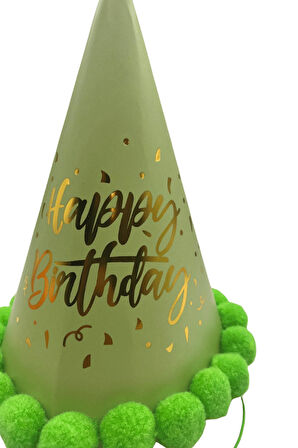 35 cm Baş Çevresi – 25 cm Fıstık Yeşili Varaklı Ponponlu Happy Birthday Doğum Günü Şapkası