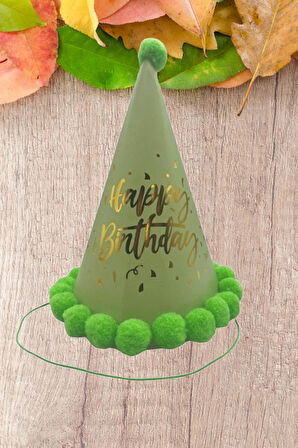 35 cm Baş Çevresi – 25 cm Fıstık Yeşili Varaklı Ponponlu Happy Birthday Doğum Günü Şapkası