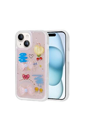 Apple iPhone 15 Uyumlu Kılıf Kabartma Figürlü Parlak Minimini Silikon Kapak Pembe
