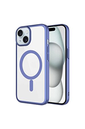 Apple iPhone 15 Uyumlu Kılıf Wireless Şarj Özellikli Sert PC Mat Riksos Magsafe Kapak Mavi