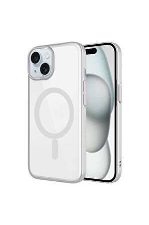 Apple iPhone 15 Uyumlu Kılıf Wireless Şarj Özellikli Sert PC Mat Riksos Magsafe Kapak Gümüş