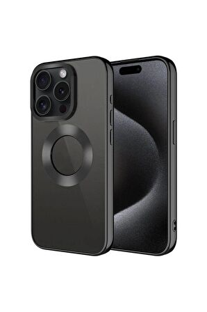 Apple iPhone 15 Pro Max Uyumlu Kılıf Tek Kamera Çerçeveli Logo Gösteren Omega Kapak Siyah