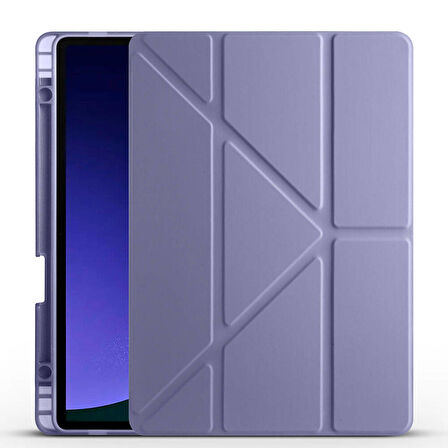 Samsung Galaxy Tab S9 Uyumlu Tablet Kılıfı Tri Folding Kalem Bölmeli Standlı Kılıf Mor