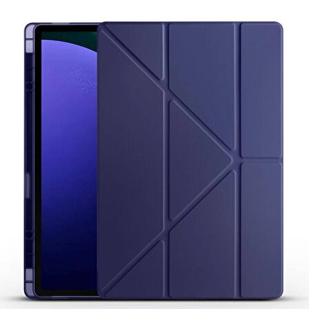 Samsung Galaxy Tab S9 Ultra X910 Uyumlu Tablet Kılıfı Tri Folding Kalem Bölmeli Kılıf Lacivert