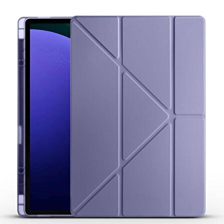 Samsung Galaxy Tab S9 Ultra X910 Uyumlu Tablet Kılıfı Tri Folding Kalem Bölmeli Kılıf Mor