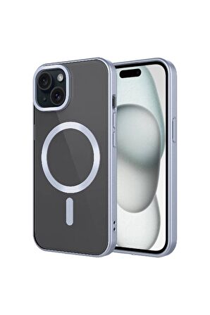 Apple iPhone 15 Plus Uyumlu Kılıf Mat Tasarımlı Magsafe Wireless Şarj Özellikli Mat Setro Kapak Gümüş