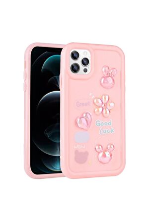 Apple iPhone 13 Pro Max Uyumlu Kılıf Kabartma Figürlü Parlak Toys Silikon Kapak Pembe