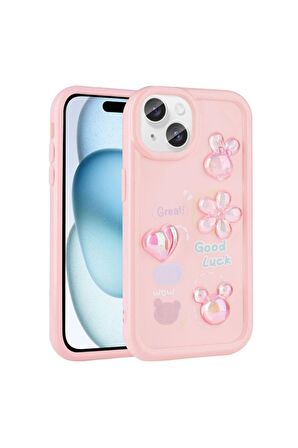 Apple iPhone 15 Plus Uyumlu Kılıf Kabartma Figürlü Parlak Toys Silikon Kapak Pembe