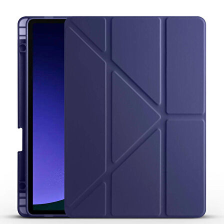 Samsung Galaxy Tab S9 FE Uyumlu Tablet Kılıfı Tri Folding Kalem Bölmeli Kılıf Lacivert