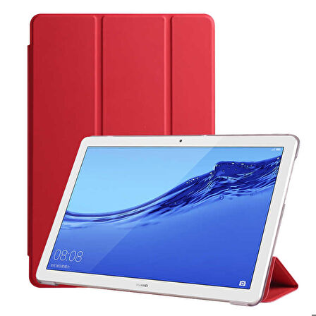 Huawei T5 10 inç Uyumlu Tablet Kılıfı Smart Cover Standlı Akıllı Kılıf Kırmızı