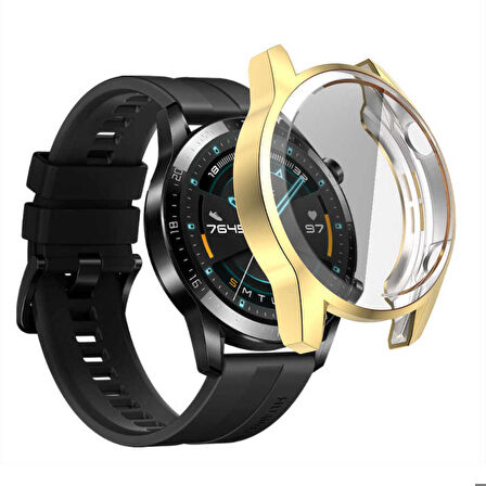 Huawei GT2 46 Mm Kasa Koruyucu Silikon Darbe Emici Tam Koruma Silikon Ekran Koruyucu Gard 02 Gold