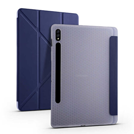 Samsung Galaxy Tab S7 T870 Uyumlu Tablet Kılıfı Tri Folding Kalem Bölmeli Kılıf Lacivert