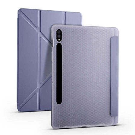 Samsung Galaxy Tab S7 T870 Uyumlu Tablet Kılıfı Tri Folding Kalem Bölmeli Kılıf Mor