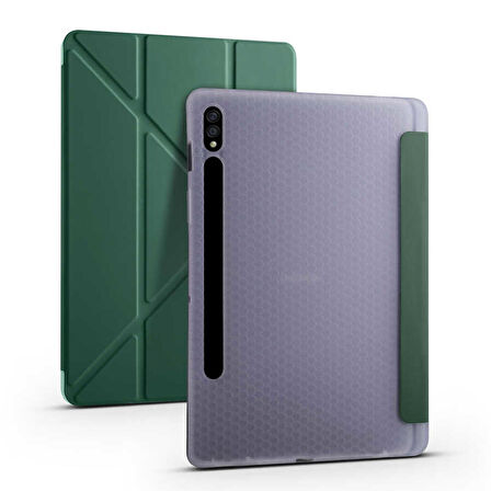 Samsung Galaxy Tab S7 T870 Uyumlu Tablet Kılıfı Tri Folding Kalem Bölmeli Kılıf Koyu Yeşil