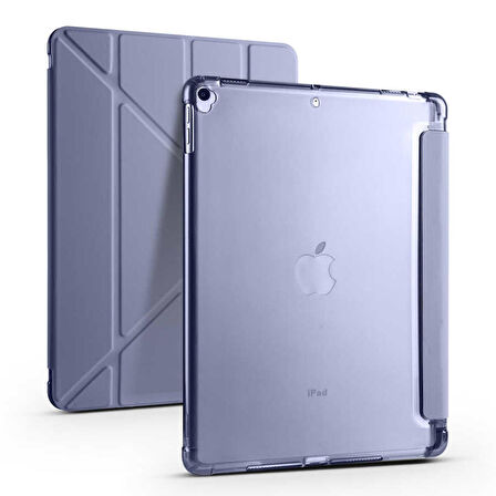 Apple iPad 10.2 (8.Nesil) Uyumlu Tablet Kılıfı Tri Folding Kalem Bölmeli Kılıf Mor