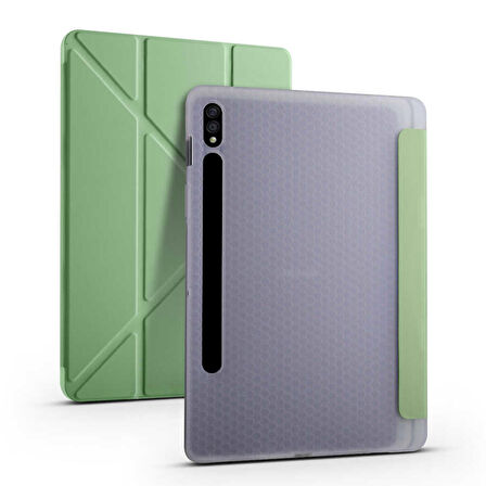 Samsung Galaxy Tab S7 Plus T970 Uyumlu Tablet Kılıfı Tri Folding Kalem Bölmeli Kılıf Açık Yeşil