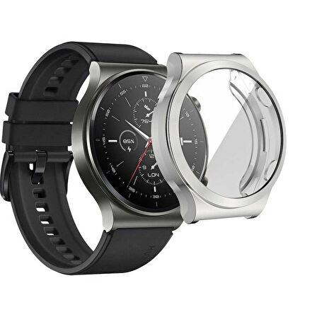 Huawei Watch GT2 Pro Uyumlu Kasa Koruyucu Silikon Darbe Emici Koruma Silikon Ekran Koruyucu Gard 02 Gümüş