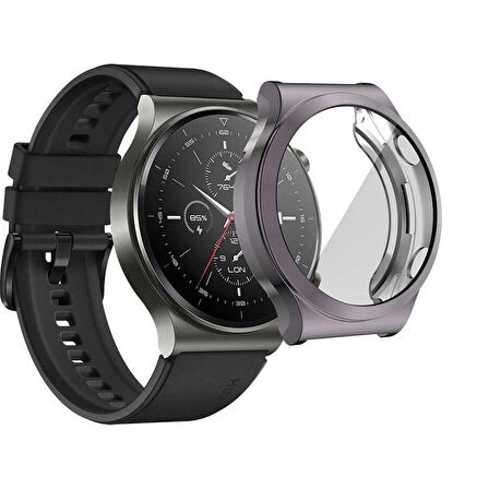Huawei Watch GT2 Pro Uyumlu Kasa Koruyucu Silikon Darbe Emici Koruma Silikon Ekran Koruyucu Gard 02 Gri