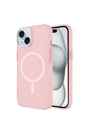 Apple iPhone 15 Uyumlu Kılıf Magsafe Şarj Özellikli Buzlu Transparan C-Pro Sert Kapak Pembe