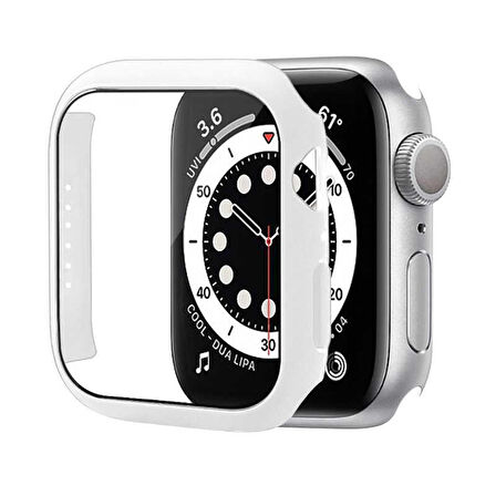Apple Watch 41 Mm Uyumlu Kasa Ve Ekran Koruyucu Sert Silikon Renkli 360 Tam Koruma Gard 01 Beyaz