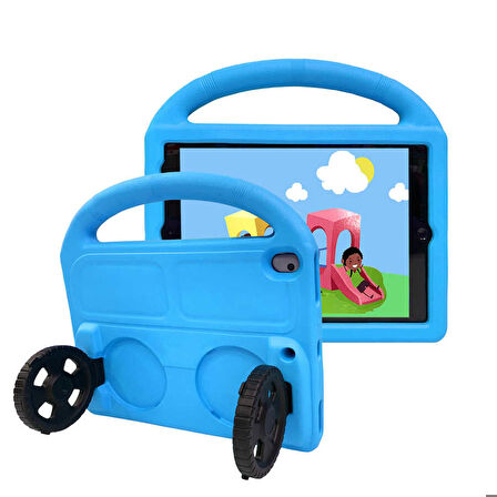 Apple iPad 10.2 (9.Nesil) Uyumlu Tablet Kılıfı Wheel Car Tekerlek Standlı Kılıf Mavi