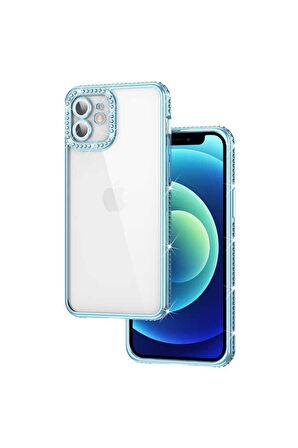 Apple iPhone 11 Uyumlu Kılıf Kamera Korumalı Taşlı Mina Kapak Mavi