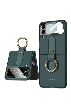 Samsung Galaxy Z Flip 3 Uyumlu Kılıf Flip Ring Kıpta Kapak Koyu Yeşil