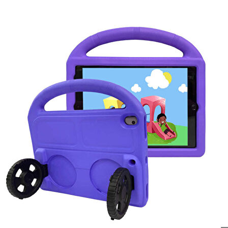 Apple iPad 10.2 (8.Nesil) Uyumlu Tablet Kılıfı Wheel Car Tekerlek Standlı Kılıf Mor