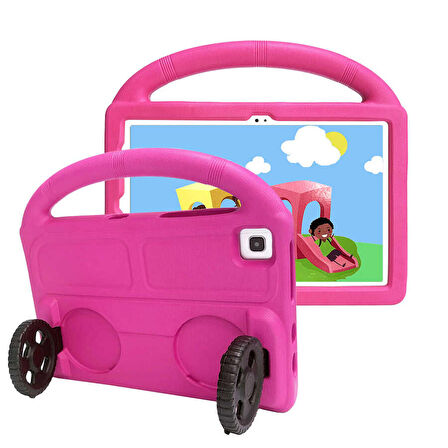 Samsung Galaxy Tab A7 10.4 T500 2020 Uyumlu Tablet Kılıfı Wheel Car Tekerlek Standlı Kılıf Pembe