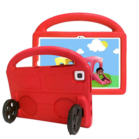 Lenovo M10 Plus TB-X606F Uyumlu Tablet Kılıfı Wheel Car Tekerlek Standlı Kılıf Kırmızı