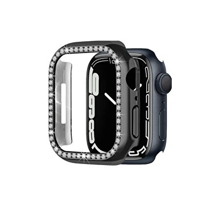 Apple Watch 42 Mm Uyumlu Kasa Koruyucu Taşlı Renkli Sert Pc 360 Tam Koruma Ekran Koruyucu Gard 05 Siyah