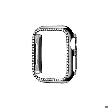 Apple Watch 42 Mm Uyumlu Kasa Koruyucu Taşlı Renkli Sert Pc 360 Tam Koruma Ekran Koruyucu Gard 05 Siyah