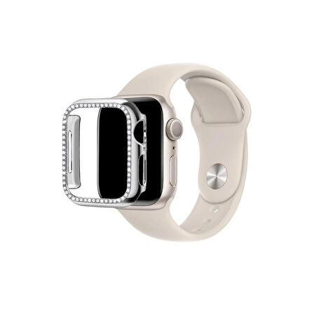 Apple Watch 44 Mm Uyumlu Kasa Koruyucu Taşlı Renkli Sert Pc 360 Tam Koruma Ekran Koruyucu Gard 05 Gümüş