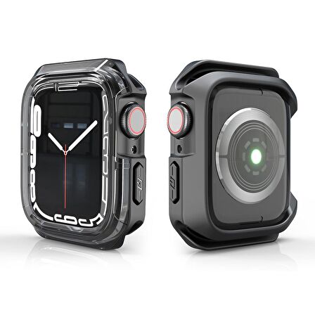 Apple Watch 45 Mm Uyumlu Kasa Koruyucu Sert PC + Silikon Koruyucu 360 Protective Spor Tasarım Gard08 Siyah