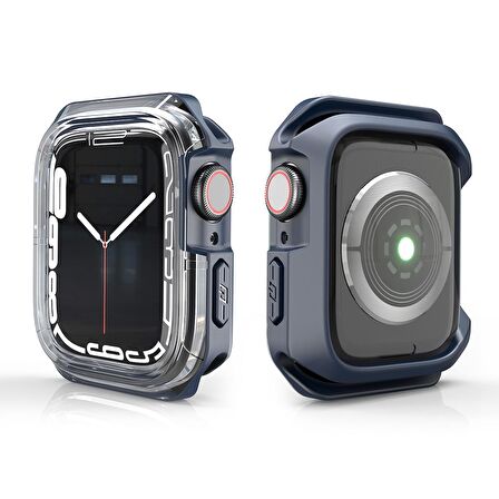 Apple Watch 45 Mm Uyumlu Kasa Koruyucu Sert PC + Silikon Koruyucu 360 Protective Spor Tasarım Gard08 Lacivert