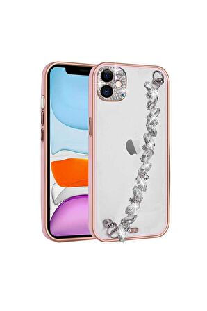 Apple iPhone 11 Uyumlu Kılıf Taş Süslemeli Kamera Korumalı El Tutamaçlı Blazer Kapak Pembe