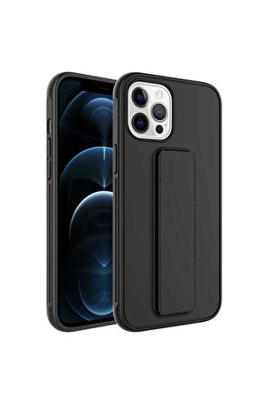 Apple iPhone 12 Pro Max Uyumlu Kılıf Qstand Kapak Siyah