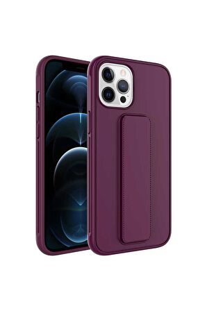 Apple iPhone 12 Pro Max Uyumlu Kılıf Qstand Kapak Mürdüm