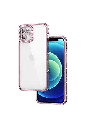 Apple iPhone 12 Uyumlu Kılıf Kamera Korumalı Taşlı Mina Kapak Rose Gold