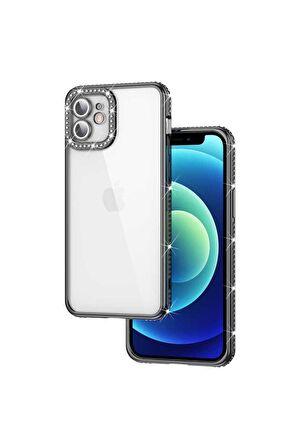 Apple iPhone 12 Uyumlu Kılıf Kamera Korumalı Taşlı Mina Kapak Siyah