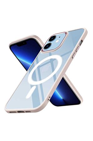 Apple iPhone 12 Uyumlu Kılıf Wireless Şarj Özellikli Krom Magsafe Silikon Kapak Pembe Açık